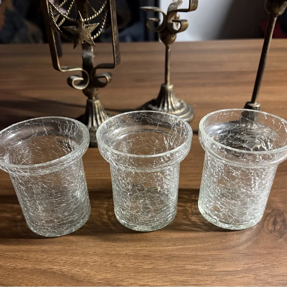 Vintage Bronze Star Crackled Glass Candle Holders Set of 3 - Picture 5 of 6